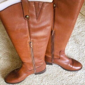 Women Brown Knee High Boots Block Heel Round Toe Riding Boots